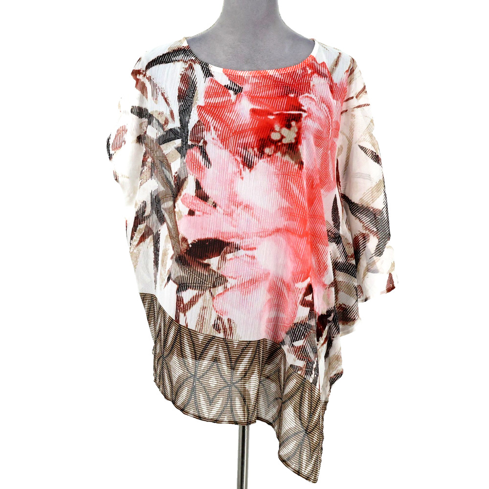 Chicos Travelers Top 2 Womens Large White Pink Floral Chiffon Asymmetric Blouse